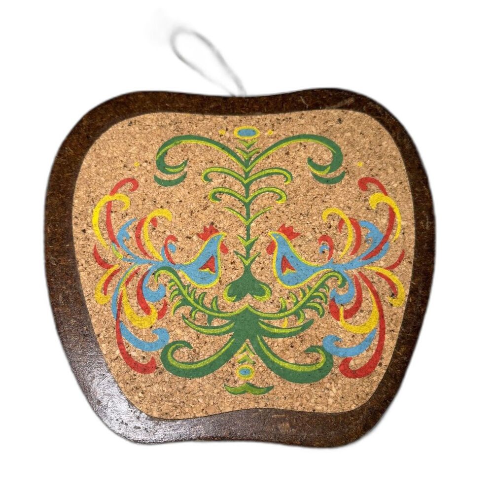Vintage 1970s Cork Wood Trivet Folk Art Birds Floral Wall Hanging Hot Pad